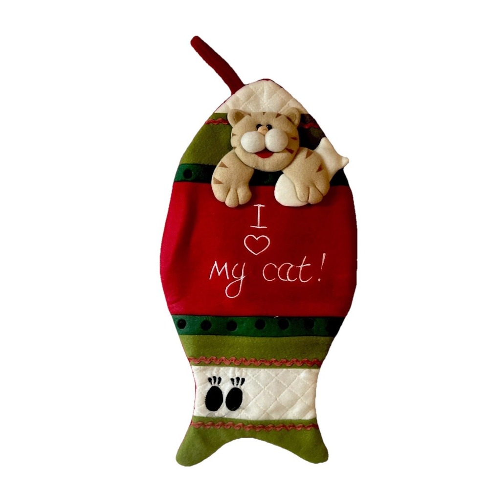 Cat & Fish Shaped Christmas Stocking 3 D Red & Green Back Opening 19 x 10"